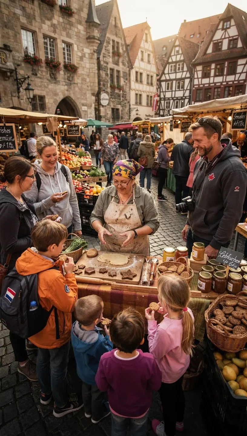 Ein belebter deutscher Markt mit Ständen, die frisches Obst und Gemüse anbieten.