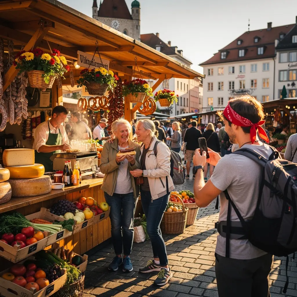 Ein zufriedener Reisender, der eine typische deutsche Brezel in der Hand hält.